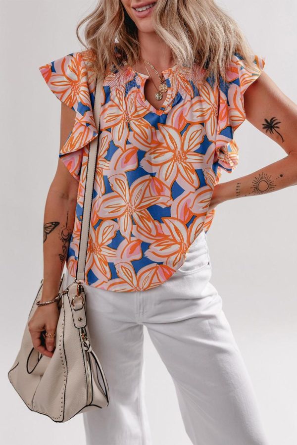Women Sleeveless Tops | Orange Summer Flower Print Smocked Notched Neck Ruffle Blouse - Image 5
