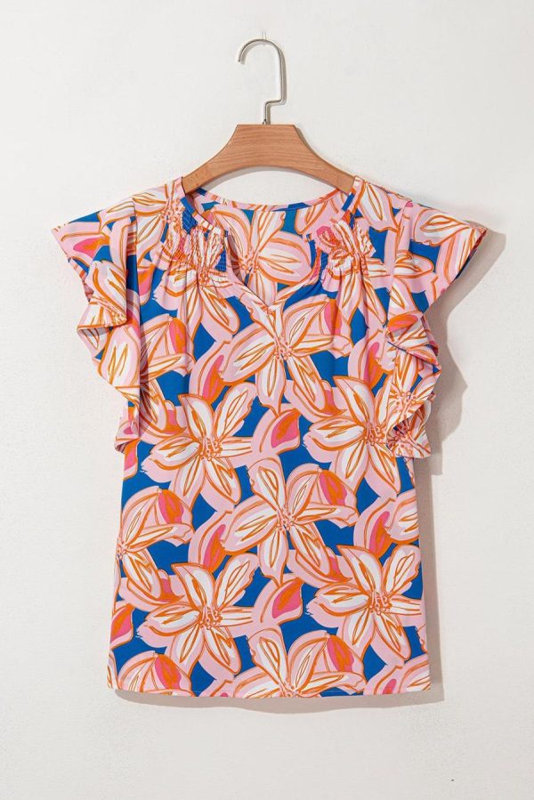 Women Sleeveless Tops | Orange Summer Flower Print Smocked Notched Neck Ruffle Blouse - Image 6