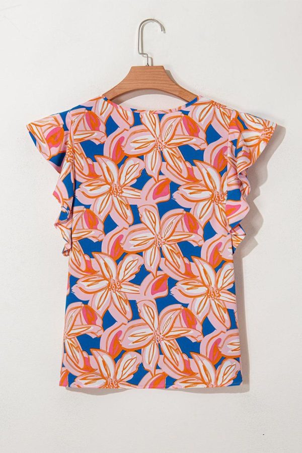 Women Sleeveless Tops | Orange Summer Flower Print Smocked Notched Neck Ruffle Blouse - Image 7