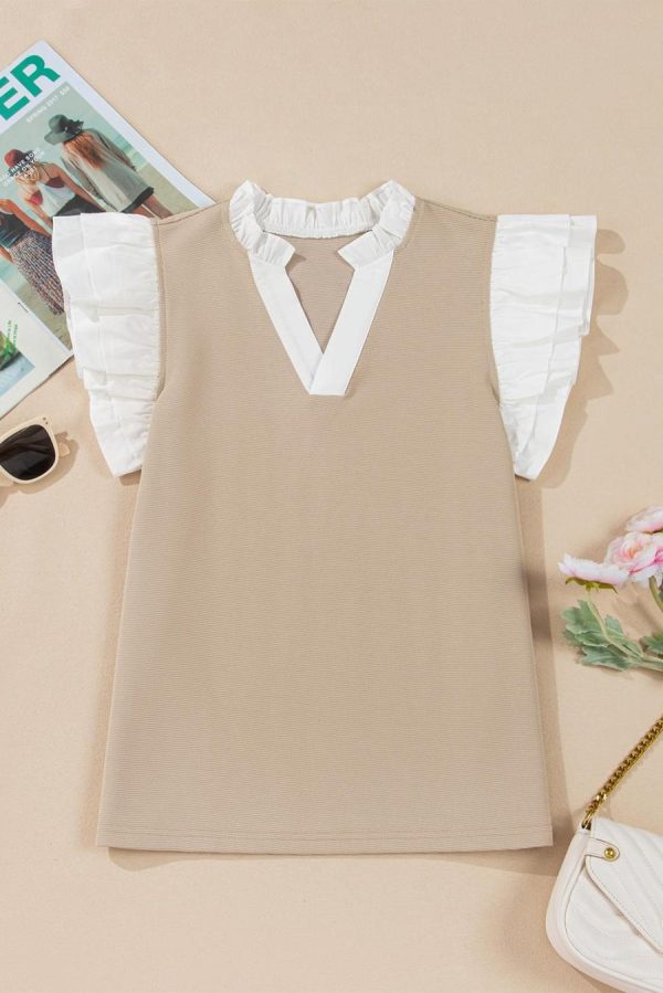 Women Sleeveless Tops | Pale Khaki Frill V Neck Ruffle Textured Top - Image 6