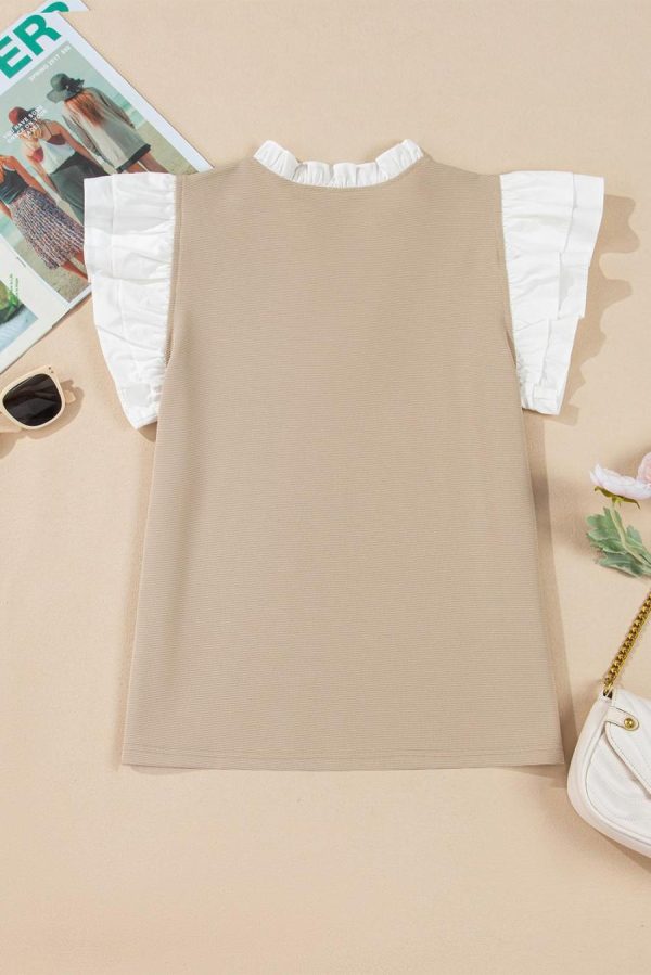 Women Sleeveless Tops | Pale Khaki Frill V Neck Ruffle Textured Top - Image 7