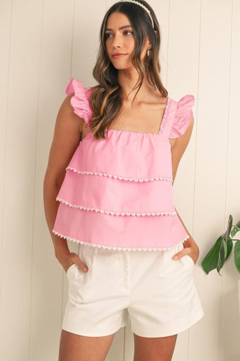 Women Sleeveless Tops | Pink Frill Square Neck Layered Ruffle Sleeveless Shirt