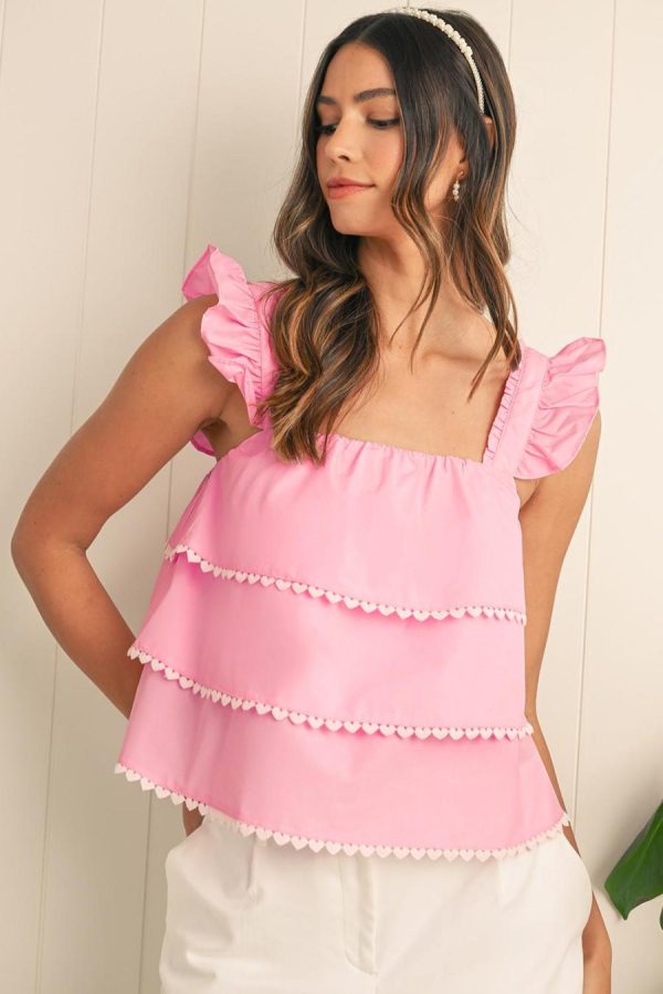 Women Sleeveless Tops | Pink Frill Square Neck Layered Ruffle Sleeveless Shirt - Image 3