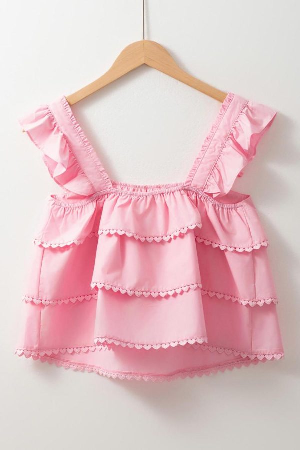 Women Sleeveless Tops | Pink Frill Square Neck Layered Ruffle Sleeveless Shirt - Image 7