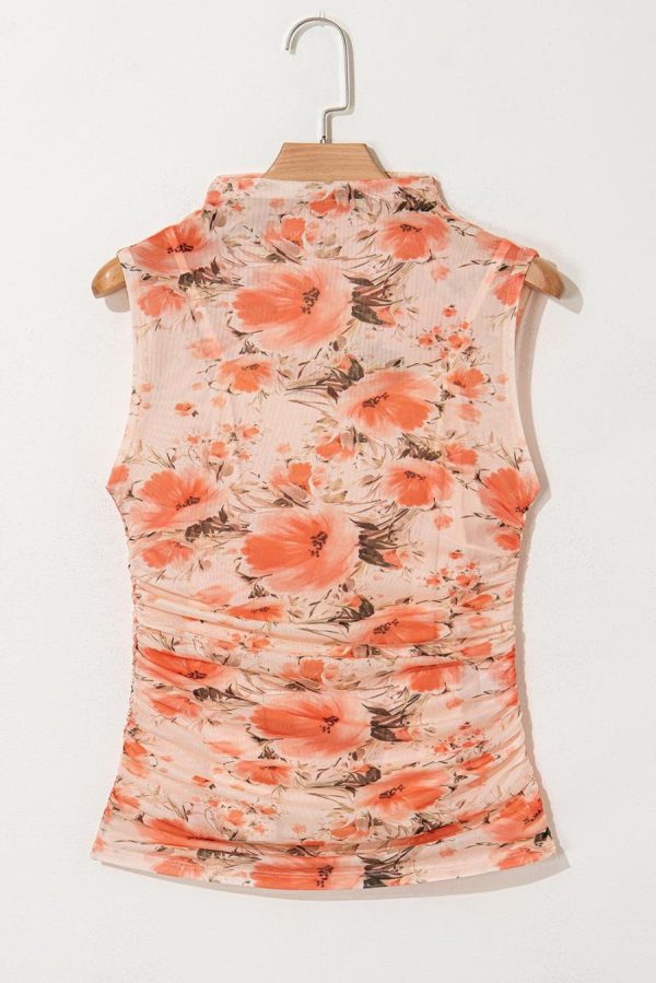 Women Sleeveless Tops | Red Mesh Floral Print Slim Fit Sleeveless Top - Image 3