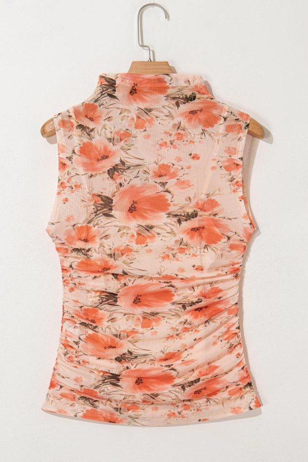 Women Sleeveless Tops | Red Mesh Floral Print Slim Fit Sleeveless Top - Image 4