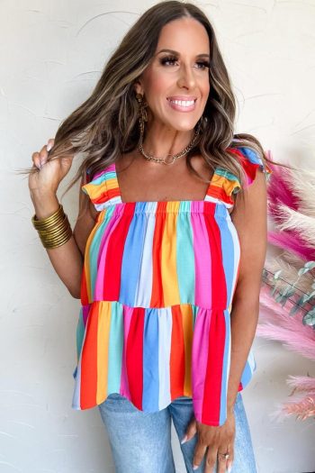 Women Sleeveless Tops | Red Stripe Ruffle Straps Babydoll Tank Top