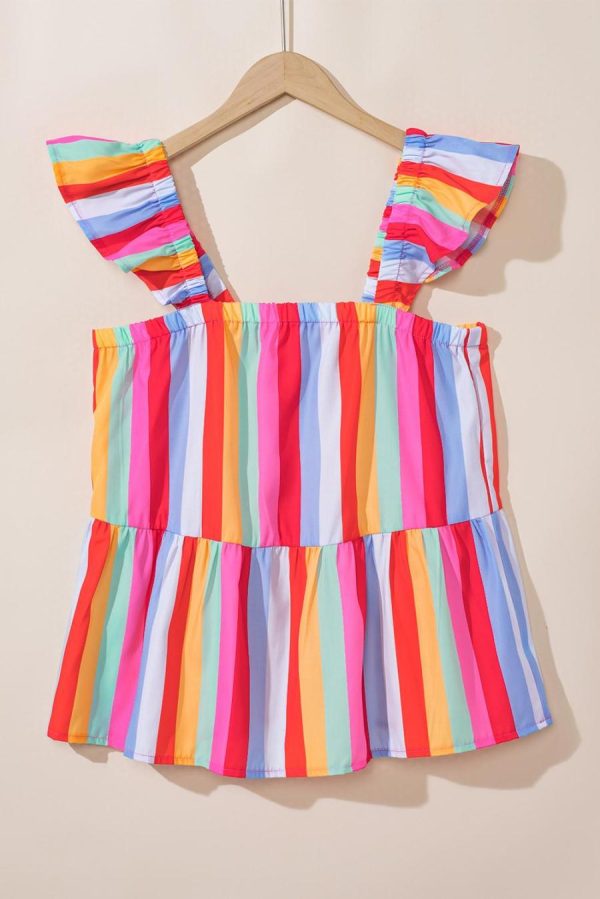 Women Sleeveless Tops | Red Stripe Ruffle Straps Babydoll Tank Top - Image 3