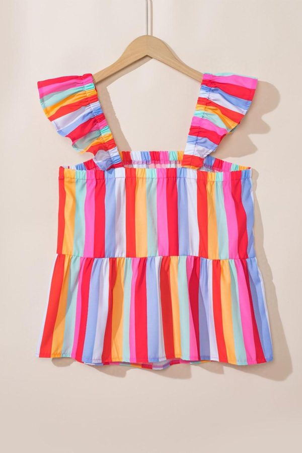 Women Sleeveless Tops | Red Stripe Ruffle Straps Babydoll Tank Top - Image 4