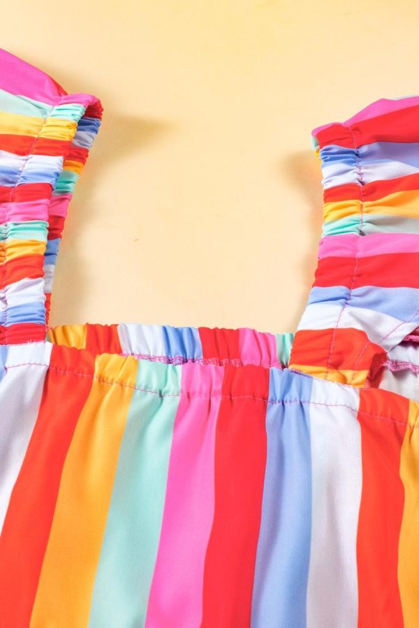 Women Sleeveless Tops | Red Stripe Ruffle Straps Babydoll Tank Top - Image 5