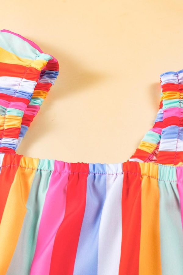 Women Sleeveless Tops | Red Stripe Ruffle Straps Babydoll Tank Top - Image 7