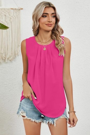 Women Sleeveless Tops | Rose Red Loose Pleated Round Neck Sleeveless Top