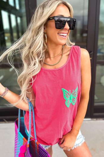 Women Sleeveless Tops | Sachet Pink Butterfly Graphic Summer Tank Top