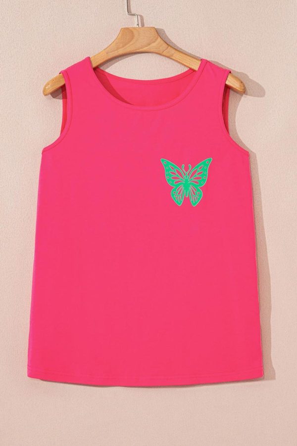 Women Sleeveless Tops | Sachet Pink Butterfly Graphic Summer Tank Top - Image 2