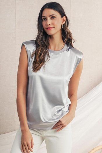 Women Sleeveless Tops | Silvery Solid Sleeveless Round Neck Tee