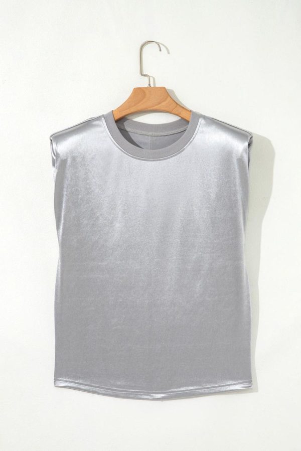 Women Sleeveless Tops | Silvery Solid Sleeveless Round Neck Tee - Image 6
