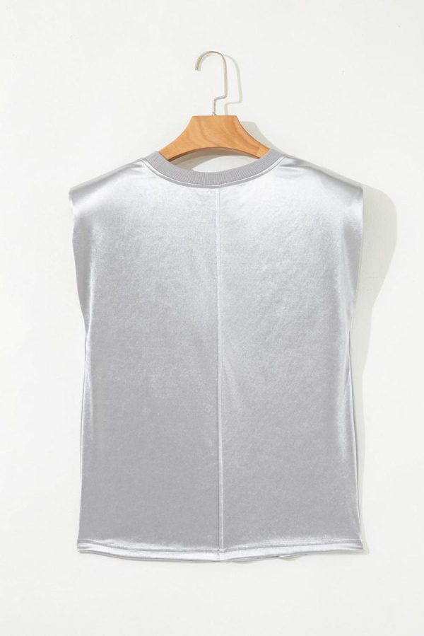 Women Sleeveless Tops | Silvery Solid Sleeveless Round Neck Tee - Image 7
