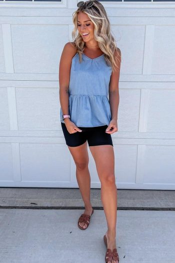 Women Sleeveless Tops | Sky Blue Casual Ruffle Hem Spaghetti Strap Denim Top