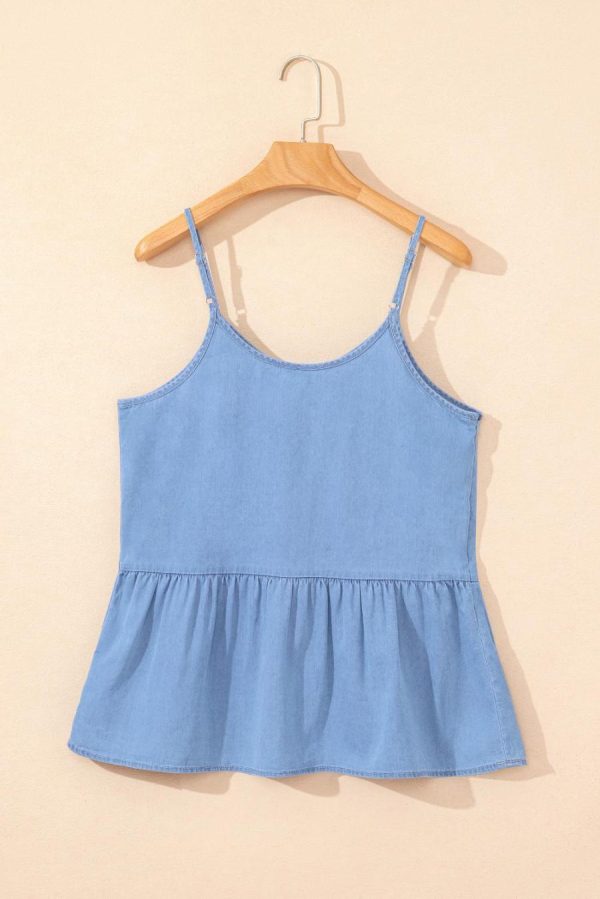 Women Sleeveless Tops | Sky Blue Casual Ruffle Hem Spaghetti Strap Denim Top - Image 3