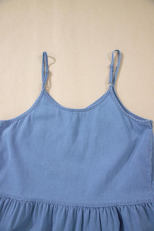 Women Sleeveless Tops | Sky Blue Casual Ruffle Hem Spaghetti Strap Denim Top - Image 4