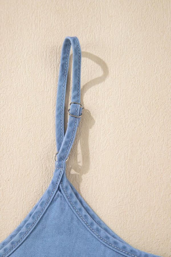 Women Sleeveless Tops | Sky Blue Casual Ruffle Hem Spaghetti Strap Denim Top - Image 5