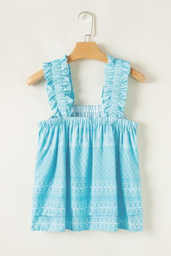 Women Sleeveless Tops | Sky Blue Floral Print Ruffled Wide Strap Loose Top - Image 4
