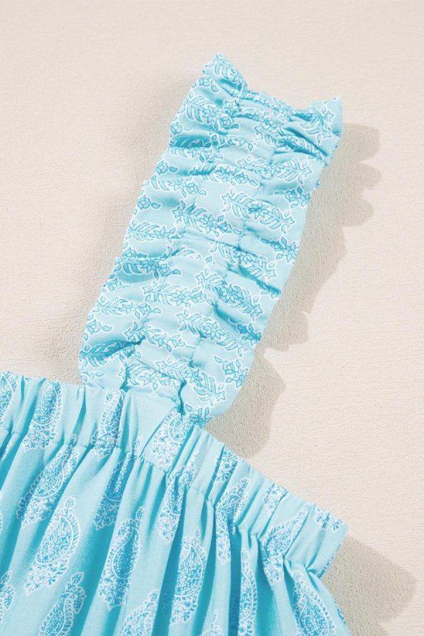 Women Sleeveless Tops | Sky Blue Floral Print Ruffled Wide Strap Loose Top - Image 7