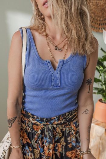 Women Sleeveless Tops | Sky Blue Mineral Wash Ribbed Notch Neck Tank Top