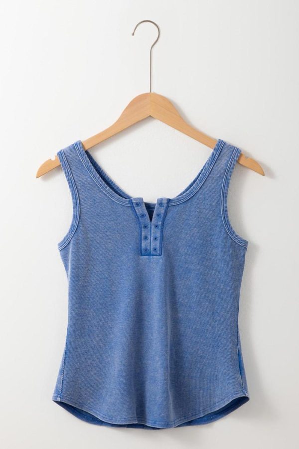 Women Sleeveless Tops | Sky Blue Mineral Wash Ribbed Notch Neck Tank Top - Image 2