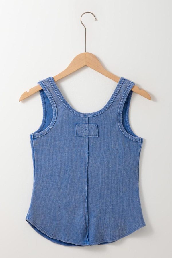 Women Sleeveless Tops | Sky Blue Mineral Wash Ribbed Notch Neck Tank Top - Image 3