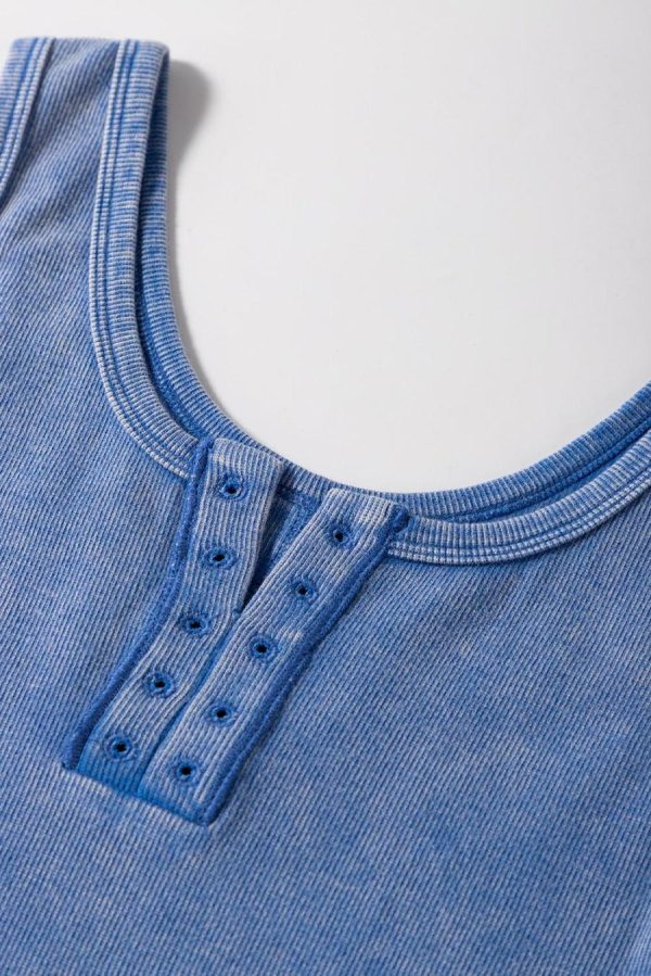 Women Sleeveless Tops | Sky Blue Mineral Wash Ribbed Notch Neck Tank Top - Image 4
