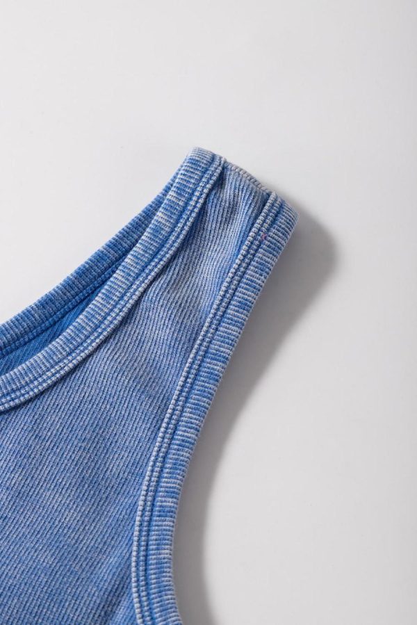Women Sleeveless Tops | Sky Blue Mineral Wash Ribbed Notch Neck Tank Top - Image 5