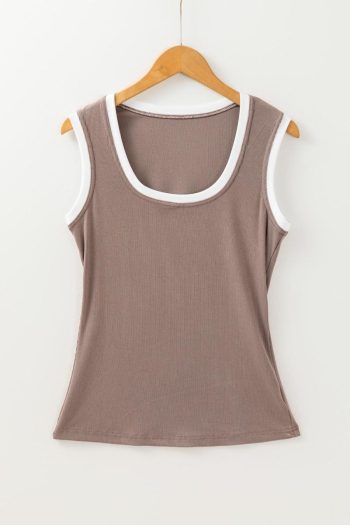 Women Sleeveless Tops | Smoke Gray Ribbed Knit Contrast Edge U Neck Slim Fit Tank Top