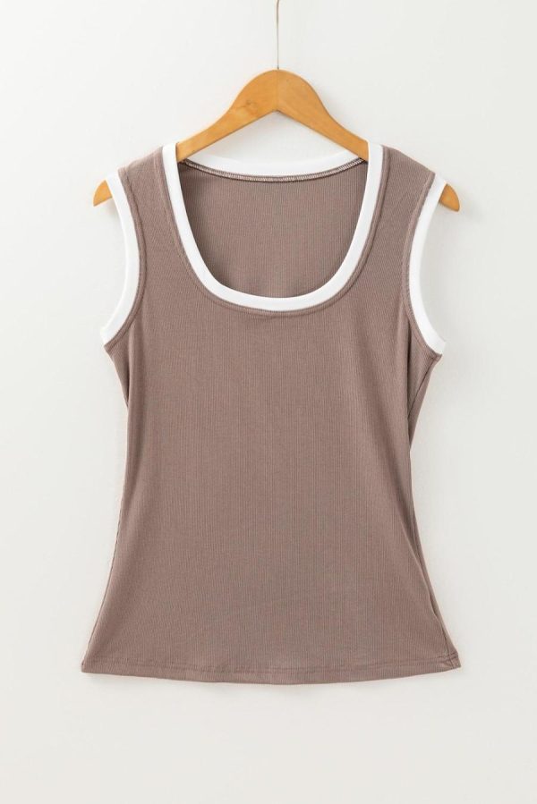 Women Sleeveless Tops | Smoke Gray Ribbed Knit Contrast Edge U Neck Slim Fit Tank Top
