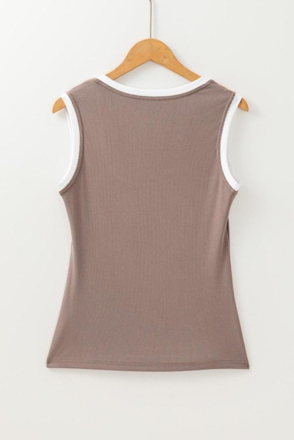 Women Sleeveless Tops | Smoke Gray Ribbed Knit Contrast Edge U Neck Slim Fit Tank Top - Image 2