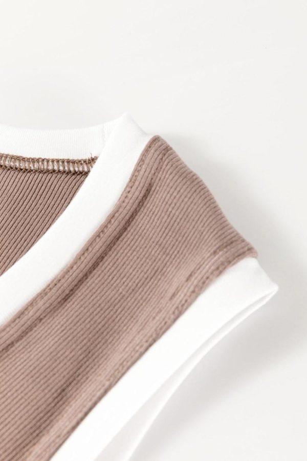 Women Sleeveless Tops | Smoke Gray Ribbed Knit Contrast Edge U Neck Slim Fit Tank Top - Image 3