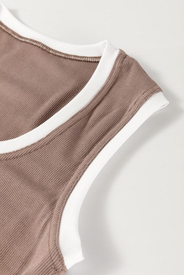 Women Sleeveless Tops | Smoke Gray Ribbed Knit Contrast Edge U Neck Slim Fit Tank Top - Image 4
