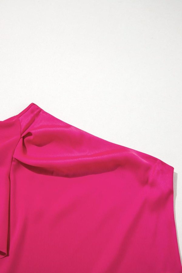 Women Sleeveless Tops | Strawberry Pink Asymmetric Shoulder Ruffle Sleeveless Blouse - Image 4