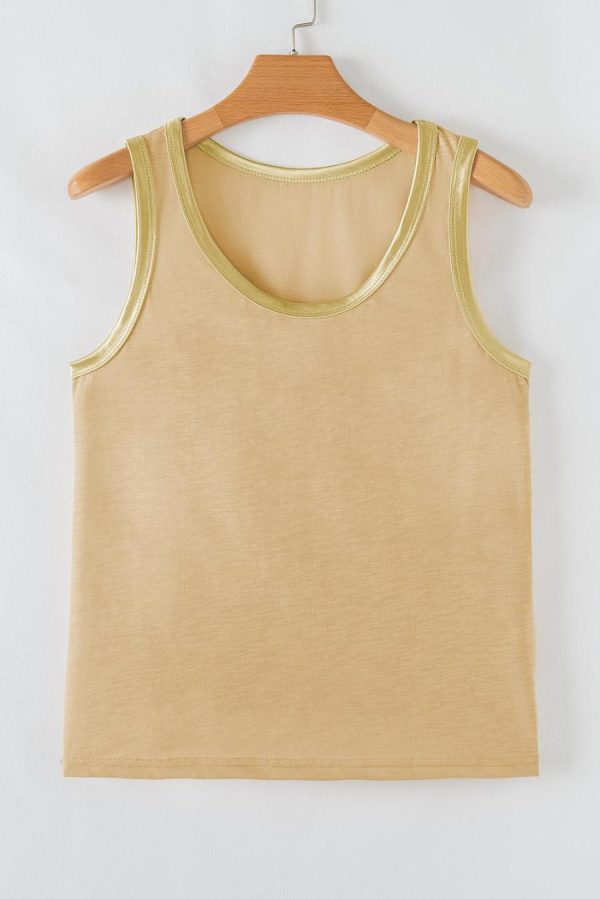 Women Sleeveless Tops | Tan Contrast Trim Round Neck Tank Top - Image 5