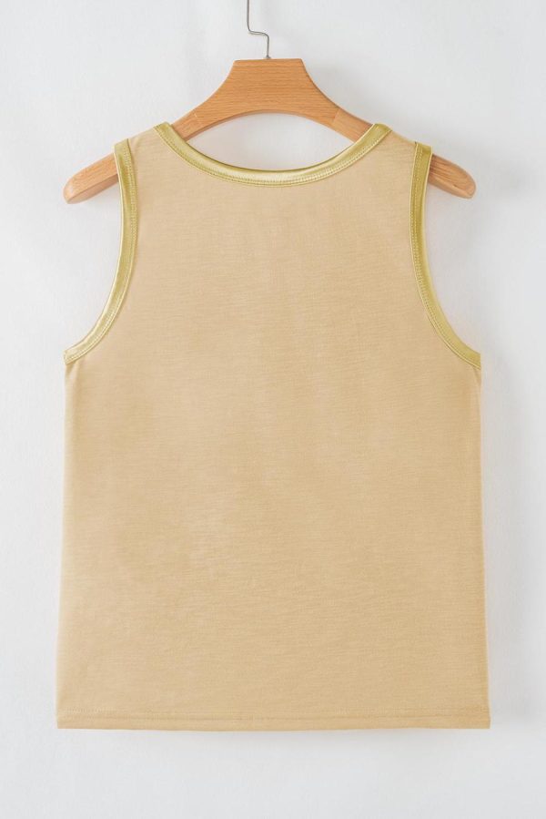 Women Sleeveless Tops | Tan Contrast Trim Round Neck Tank Top - Image 6