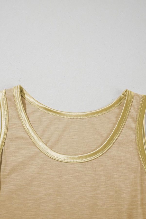 Women Sleeveless Tops | Tan Contrast Trim Round Neck Tank Top - Image 7
