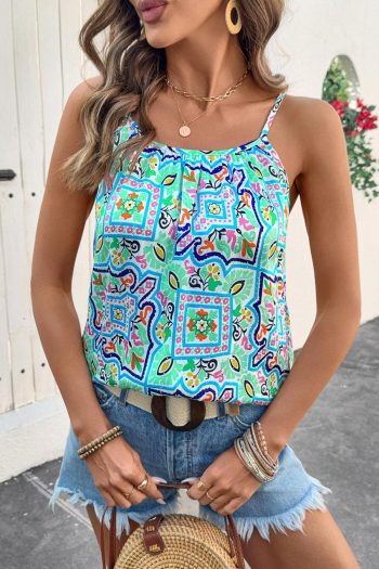 Women Sleeveless Tops | White Boho Floral Abstract Print Spaghetti Straps Cami Top