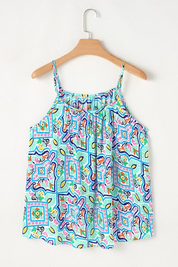 Women Sleeveless Tops | White Boho Floral Abstract Print Spaghetti Straps Cami Top - Image 4