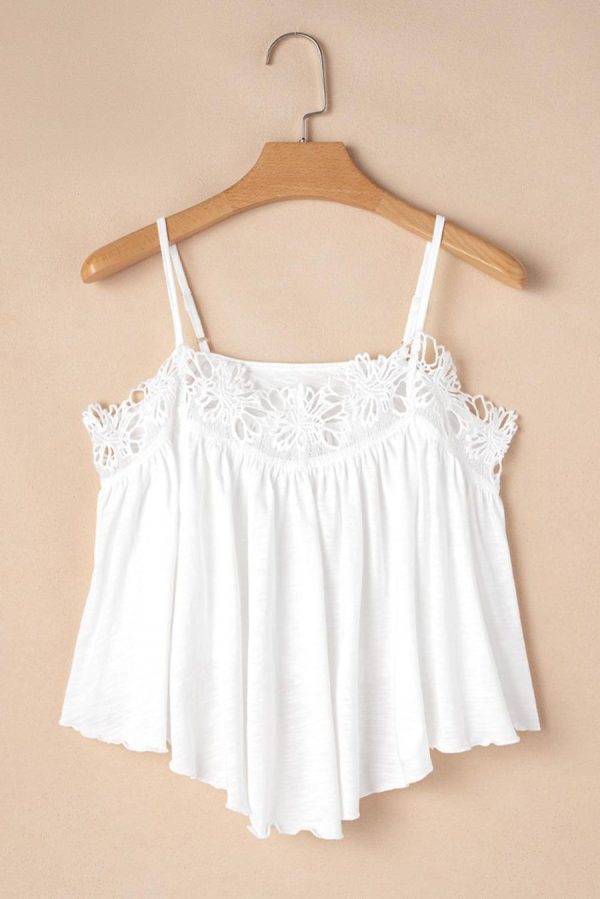 Women Sleeveless Tops | White Lace Splicing Spaghetti Straps Flared Cami Top - Image 3