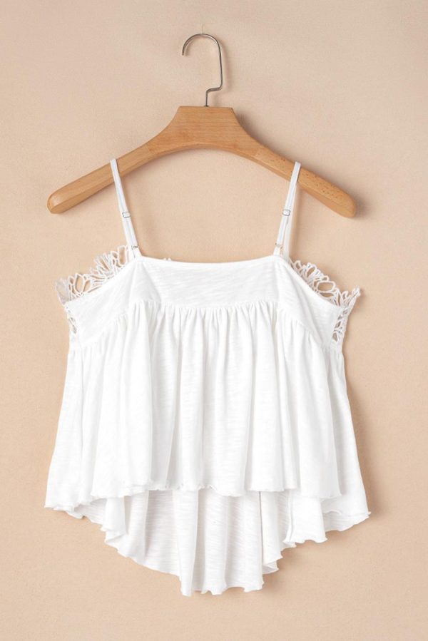 Women Sleeveless Tops | White Lace Splicing Spaghetti Straps Flared Cami Top - Image 4