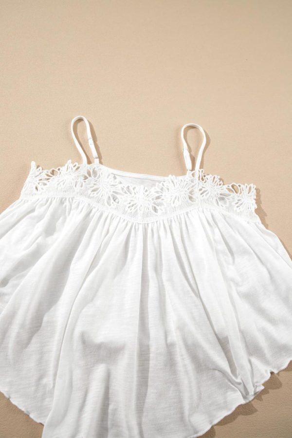 Women Sleeveless Tops | White Lace Splicing Spaghetti Straps Flared Cami Top - Image 5