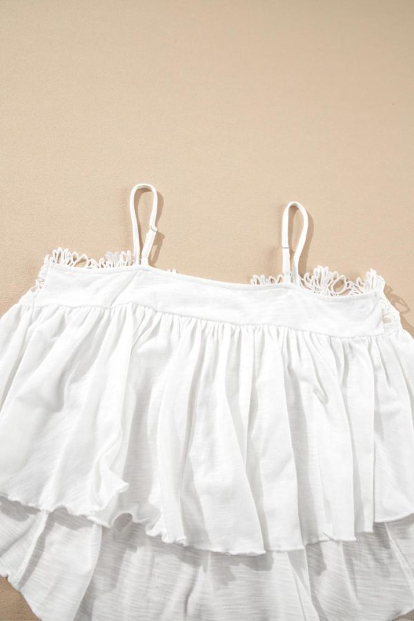 Women Sleeveless Tops | White Lace Splicing Spaghetti Straps Flared Cami Top - Image 6