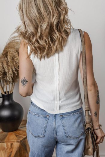 Women Sleeveless Tops | White Solid Color Waffle Knit Henley Tank Top