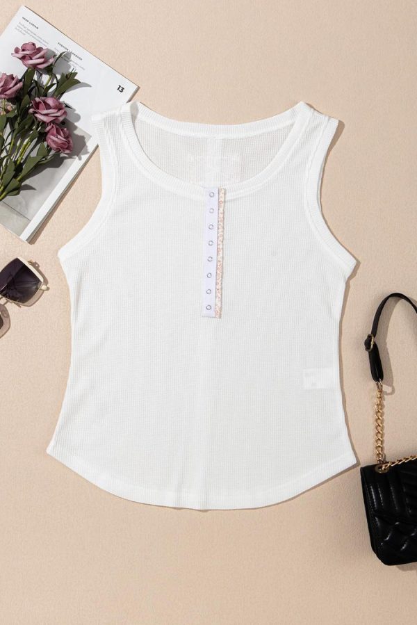 Women Sleeveless Tops | White Solid Color Waffle Knit Henley Tank Top - Image 2