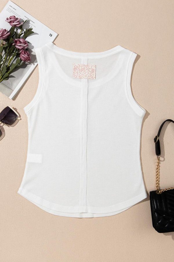 Women Sleeveless Tops | White Solid Color Waffle Knit Henley Tank Top - Image 3